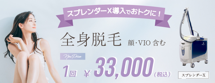 全身脱毛（顔・VIO 含む）１回 33,000円（税込）